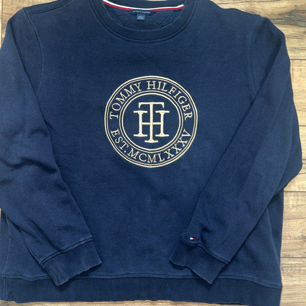 Tommy Hilfiger Women’s Navy Blue XL Sweatshirt Gold Logo Retro Heavy